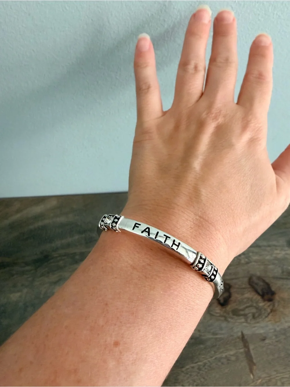 🍭6/$30 Silver Tone Faith Stretch Bracelet Rhinestone Inspirational Religious